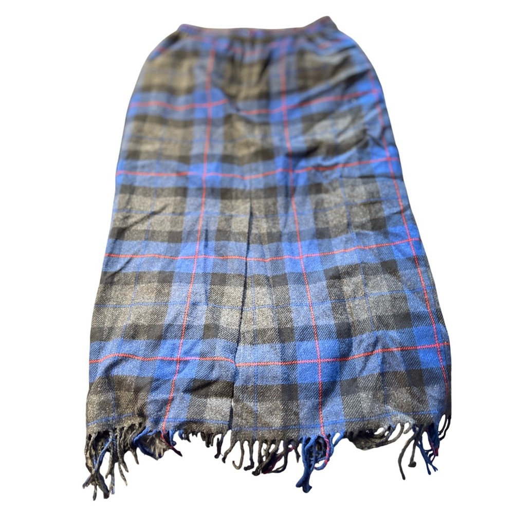 Briggs Plaid Wool Blend‎ Midi Skirt Fringed Hem Blue Gray Red Women's Size 10
